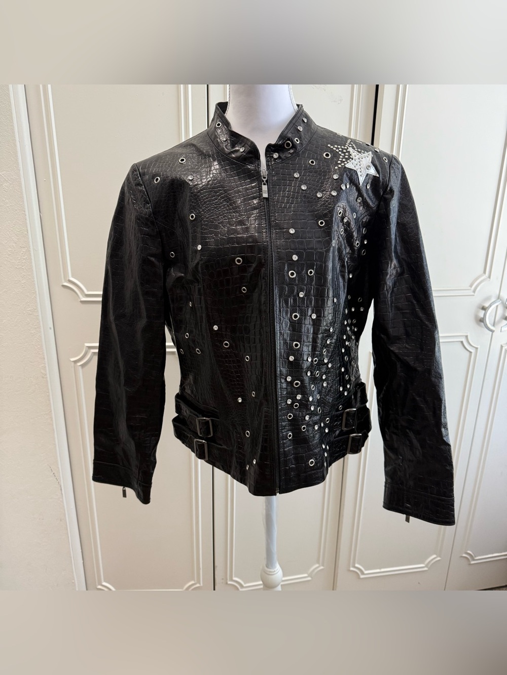 Pamela McCoy Vintage Studded Embossed Genuine Leather Moto Jacket